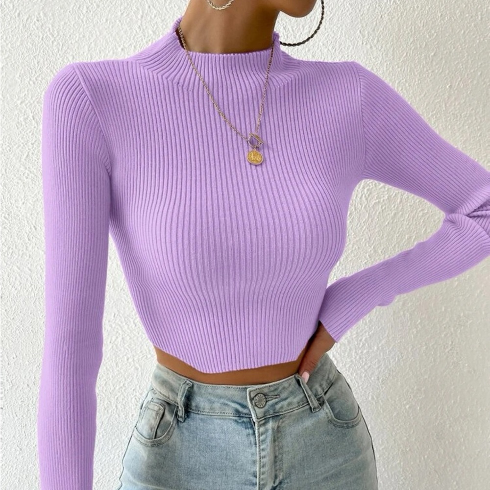 Lilac Privé rib-knit mock neck cropped sweater